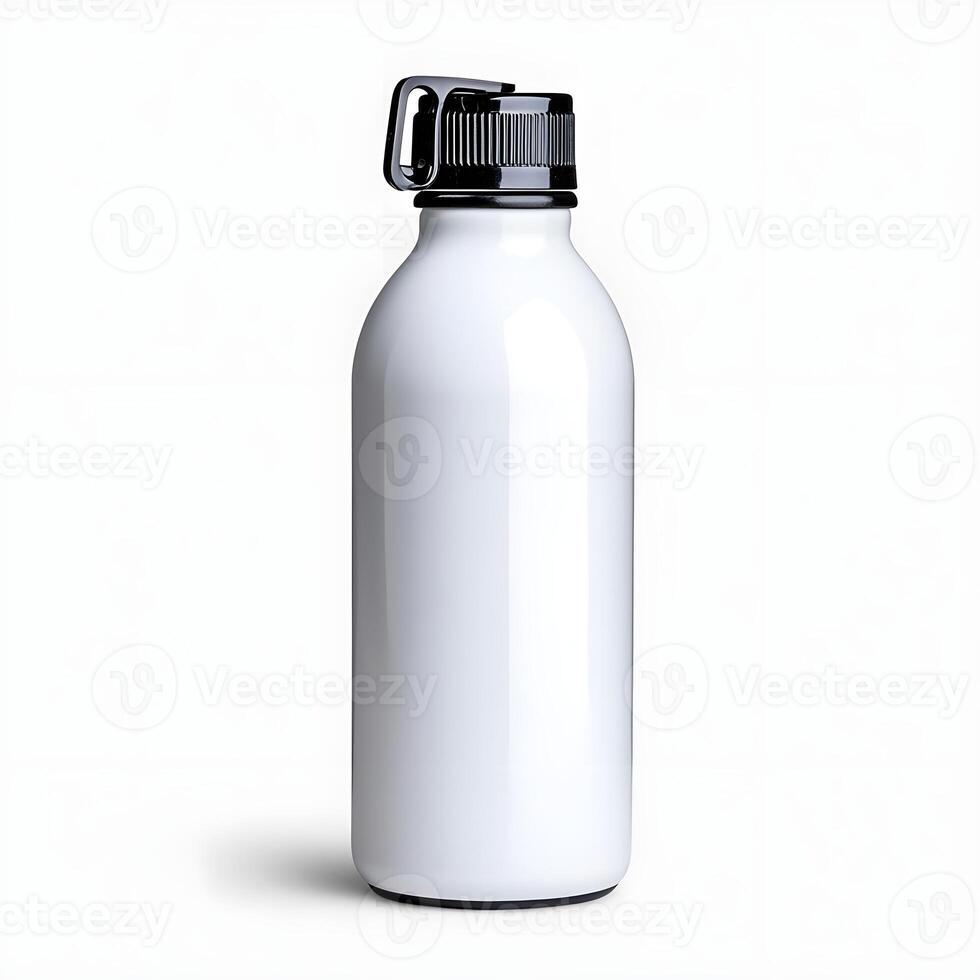 Minimalist White Water Bottle with Black Cap on a Clean Background Suitable for Modern Lifestyle and Eco-Friendly Concepts in Stock Photography photo