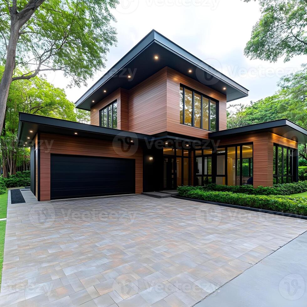 Modern Architectural Home Surrounded by Lush Greenery with a Paved Driveway and Stylish Design Elements Showcasing Contemporary Living in Nature photo