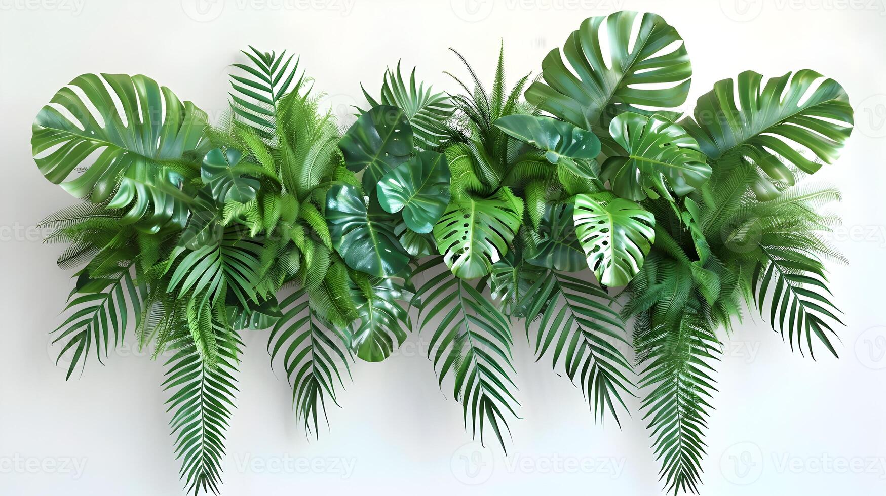 Tropical Foliage Wall Arrangement with Monstera and Palm Leaves in 3D Rendering photo