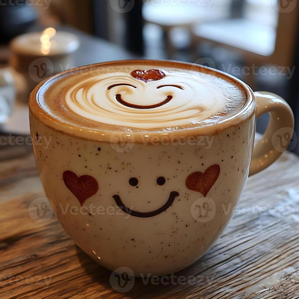 Cozy Coffee Cup with Whimsical Latte Art Featuring a Smiley Face and Heart Designs Creating a Warm and Cheerful Ambiance for Coffee Lovers photo