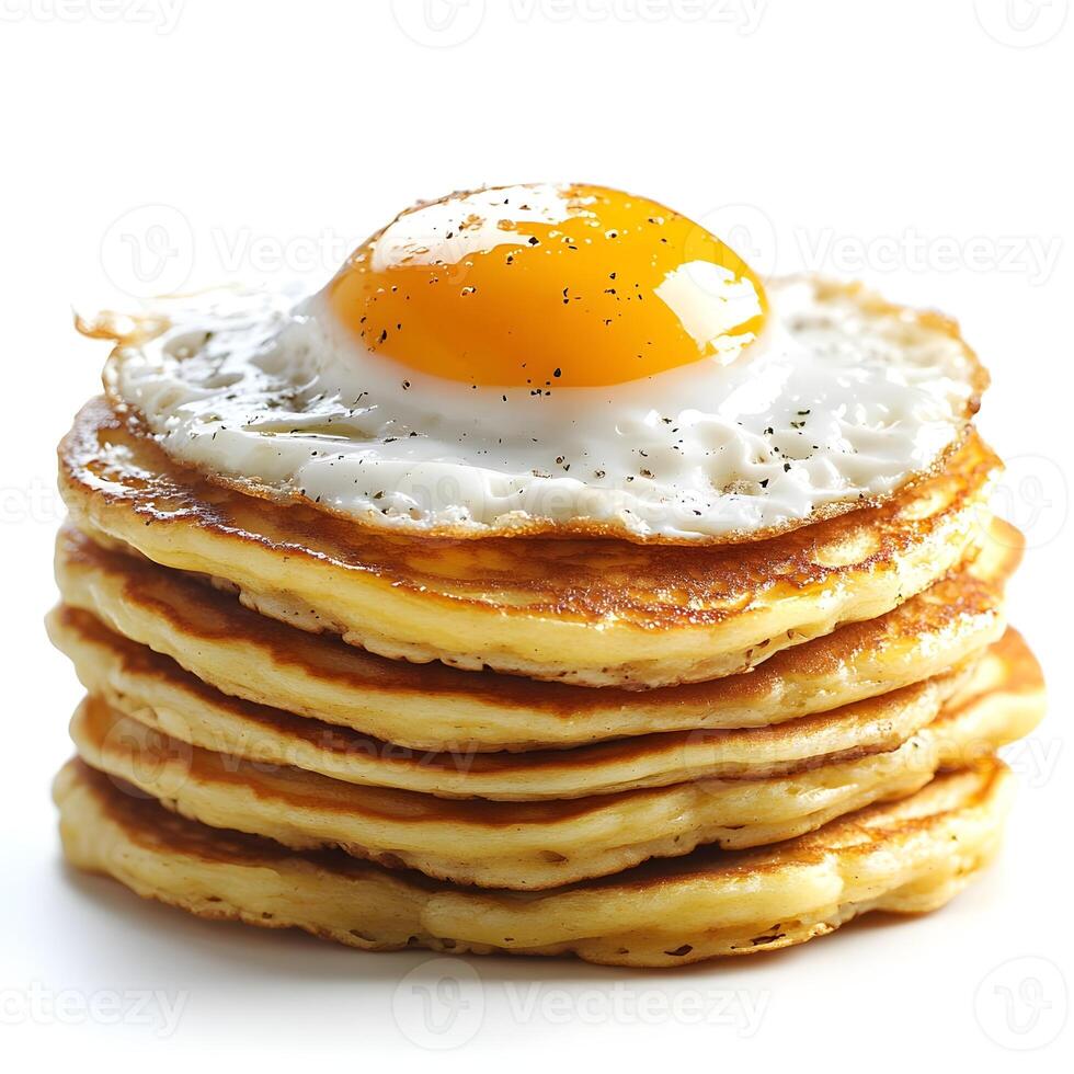 Delicious Stack of Golden Pancakes with Fried Egg on Top Served on White Background Perfect for Breakfast and Culinary Inspiration photo