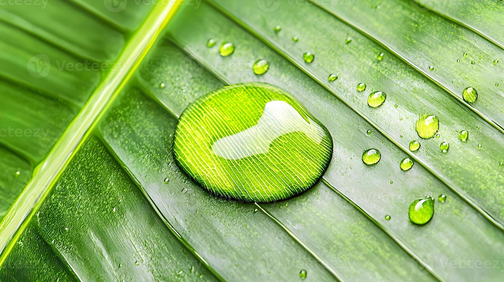 Captivating Close up of a Lush Green Leaf with Glistening Water Droplets photo