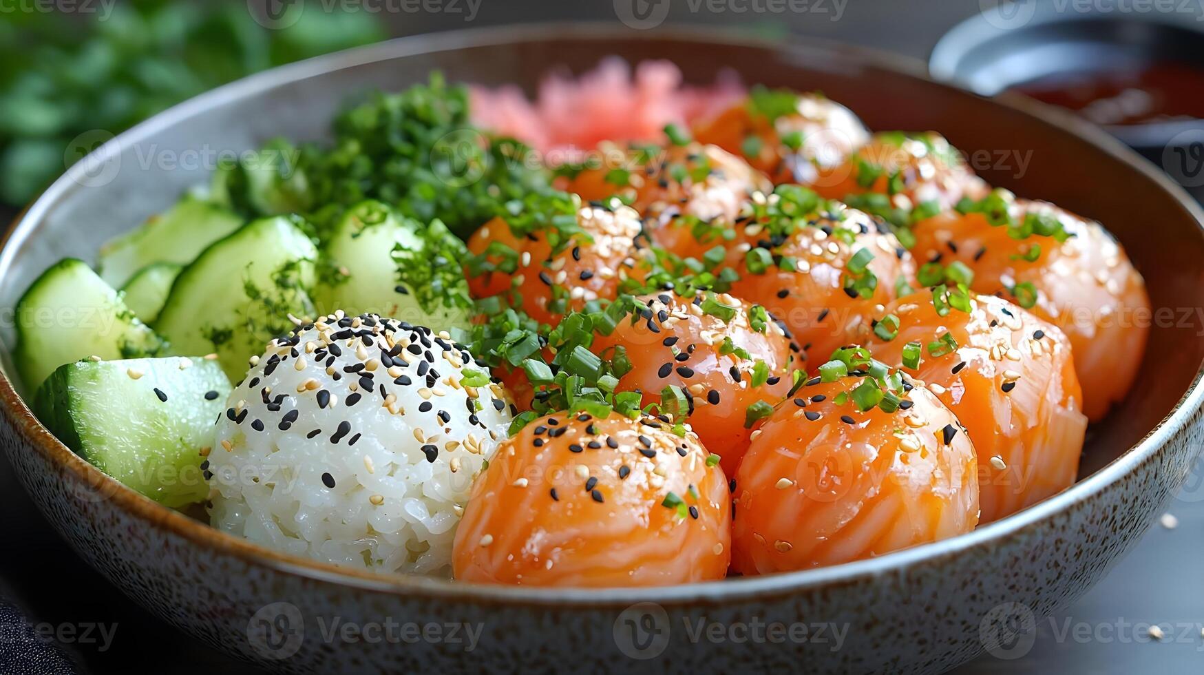 Fresh Salmon Sushi Bowl with Vegetables and Rice, Garnished with Chopped Herbs and Sesame Seeds, Perfect for Delighting Sushi Enthusiasts and Food Lovers photo