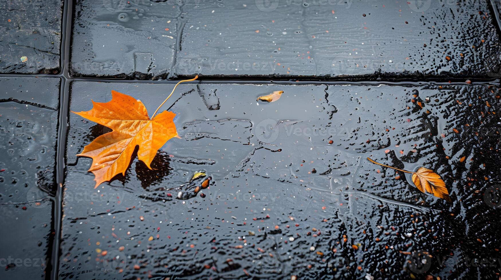 Solitary Autumn Leaf on Wet Pavement Captures a Moment of Tranquility photo