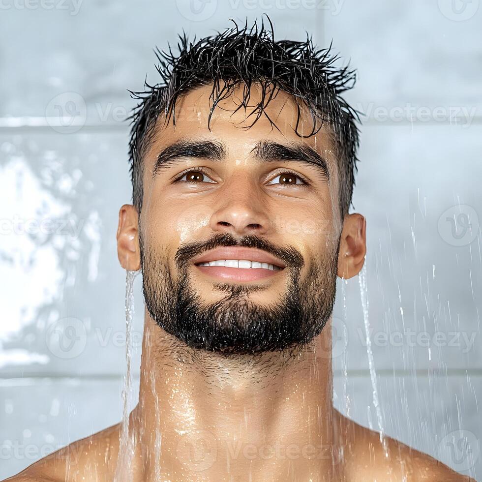 Young man enjoying a refreshing shower experience, droplets cascading down his well-groomed beard and hair, capturing a moment of relaxation and rejuvenation in a modern bathroom photo