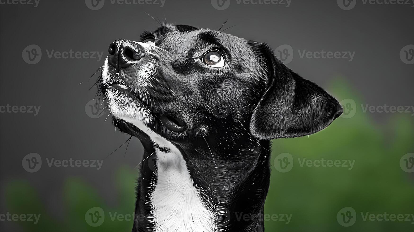 A Close-Up Portrait of a Black Dog with Attention-Seeking Expression Gazing Upward Against a Soft Green Background in Monochrome Style photo