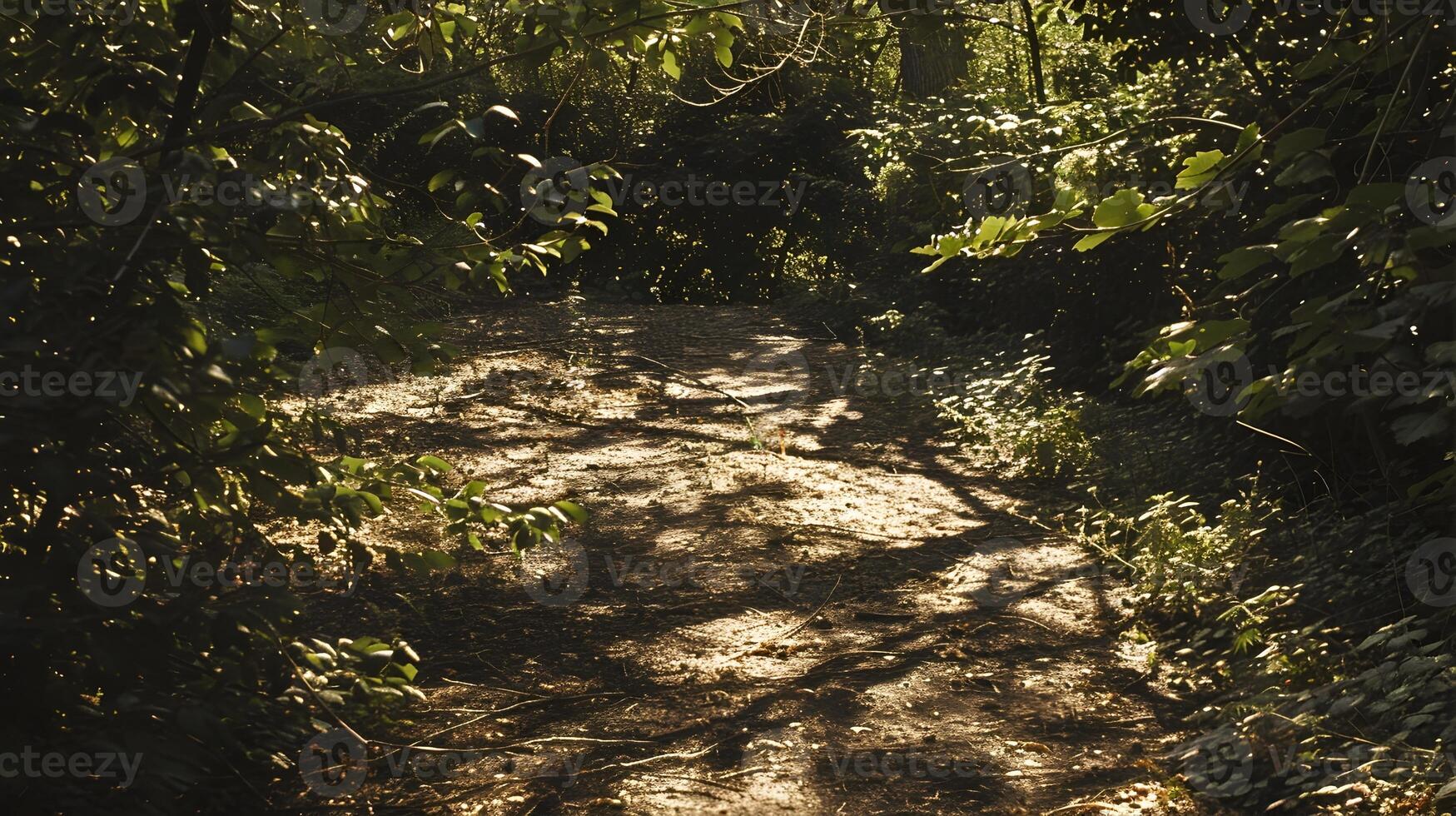 Sunlight Dappling Through Lush Branches Casting Soft Shadows on Ground photo