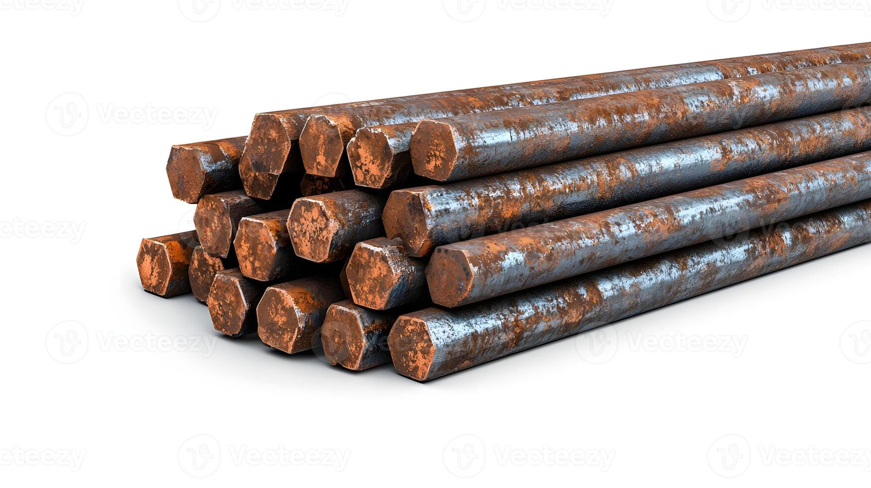 Stacks of Rusty Hexagonal Steel Rods for Industrial Use, Close-Up View of Corroded Metal Bars, Heavy Duty Construction Materials, Rust Texture and Detail photo