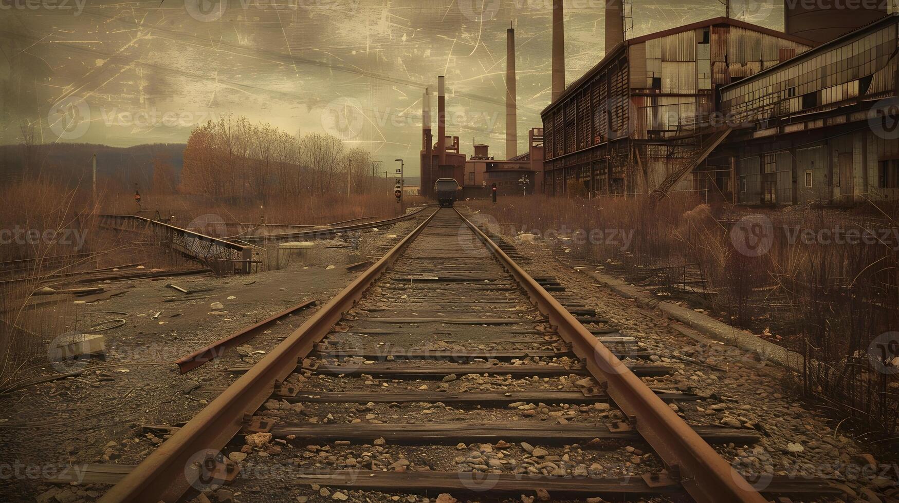An Eerie Industrial Train Track Leading to an Abandoned Factory in a Desolate Landscape with Muted photo