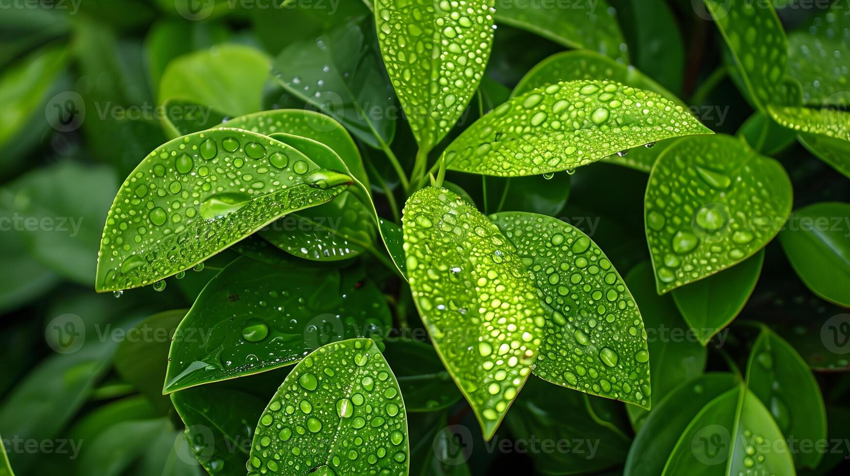 Vibrant Green Leaves with Glistening Dewdrops in Morning Light photo