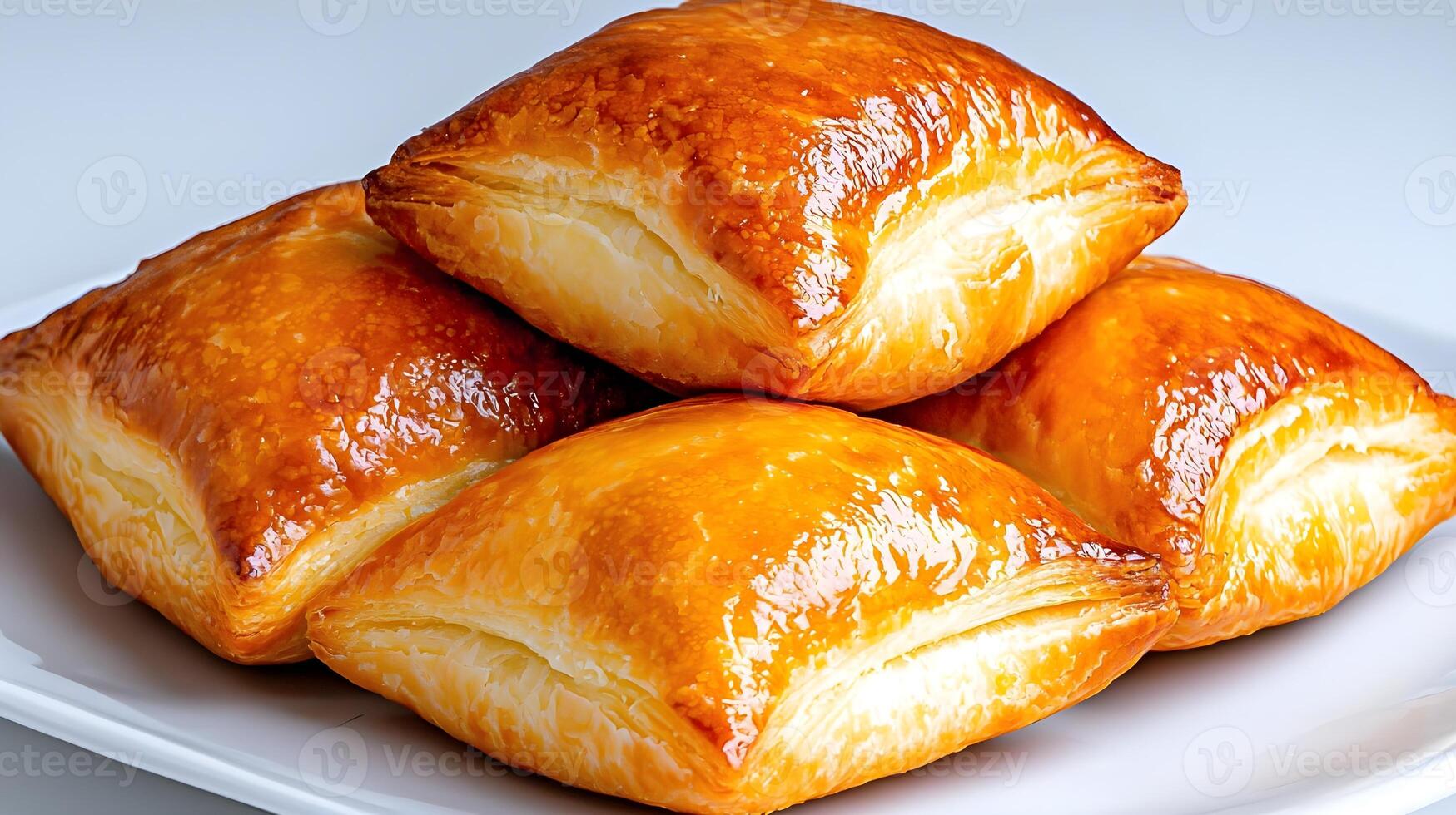 Golden Brown Puff Pastries Piled on a White Plate with a Glossy Finish Showcasing Their Flaky Texture and Irresistible Appeal for Culinary Imagery photo