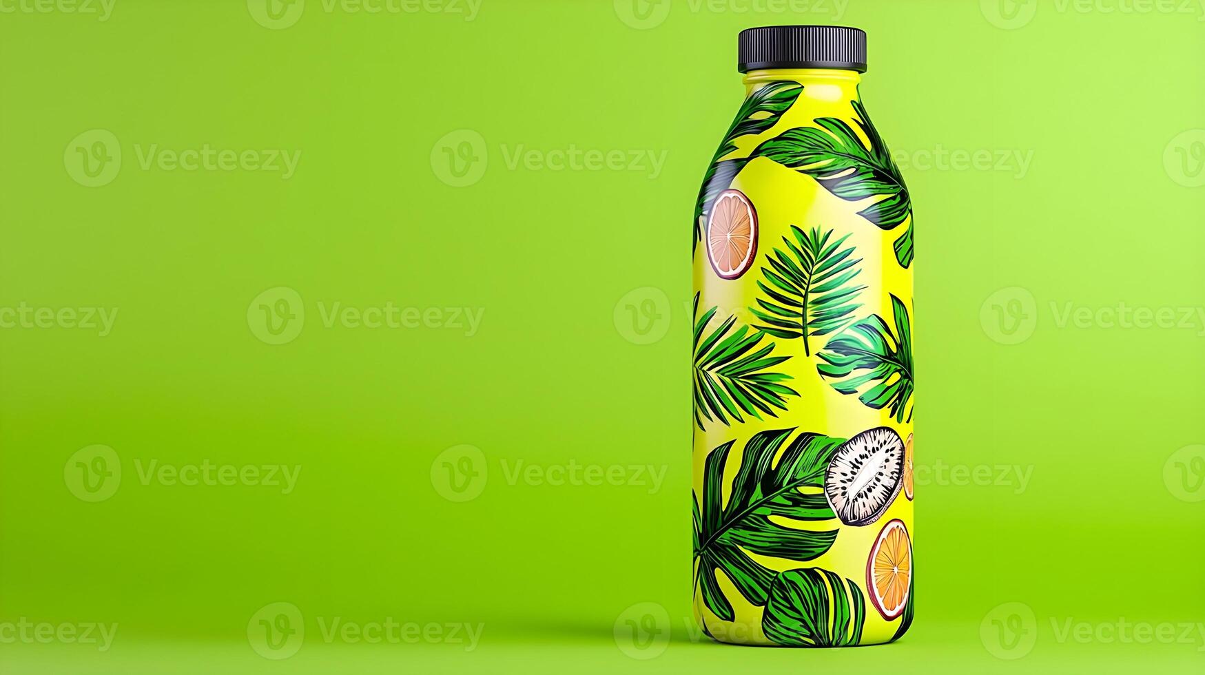 Vibrant Tropical Juice Bottle Design Featuring Bright Yellow Background with Leaf and Fruit Patterns for Refreshing Beverage Marketing Appeal photo