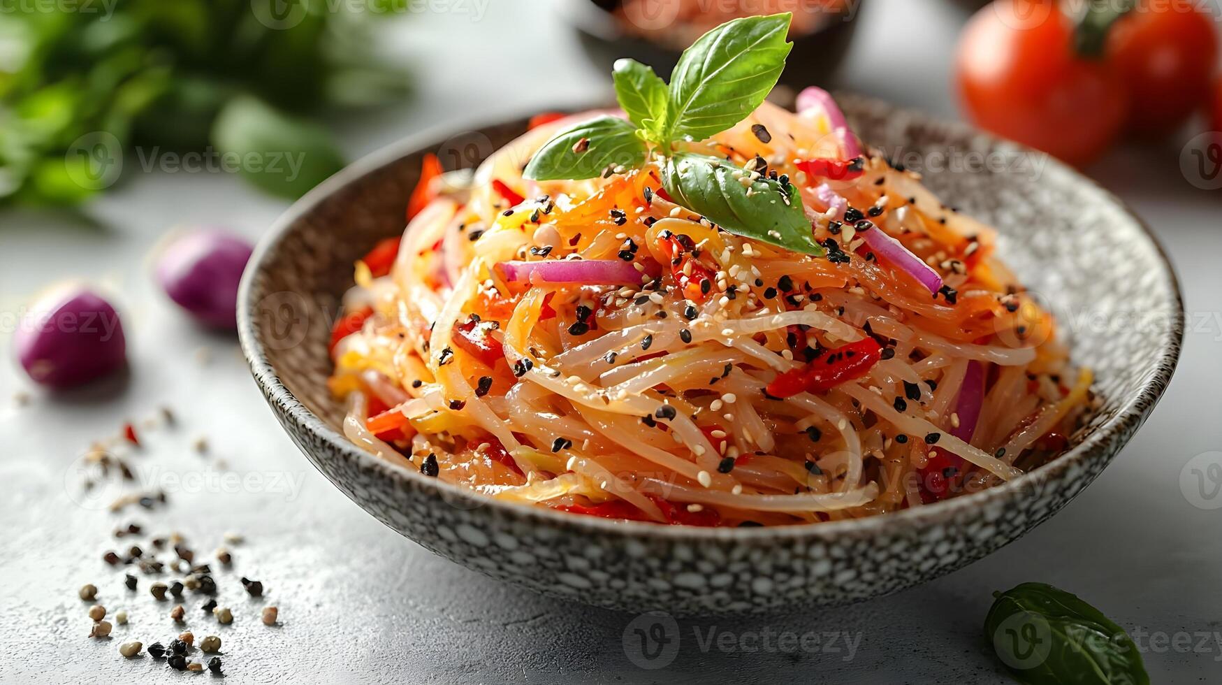 Fresh and Colorful Asian Noodle Salad with Fresh Vegetables, Herbs, and Spices, Served in a Rustic Bowl, Perfect for Healthy Eating and Culinary Experience photo