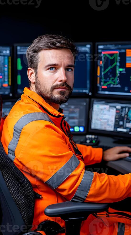 Focused Engineer in Bright Safety Gear Operating Advanced Controls in a Modern Industrial Environment with Multiple Digital Displays and Monitoring Equipment photo