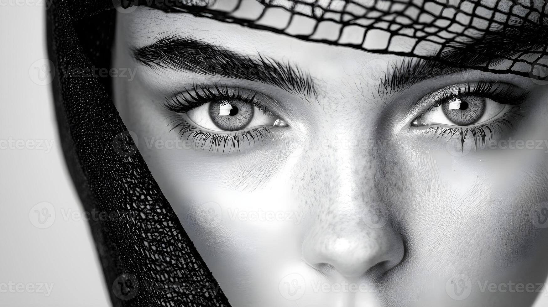 Close-Up Portrait of a Young Woman with Intriguing Eyes and a Delicate Veil, Highlighting Emotion and Depth in Monochrome Photography photo