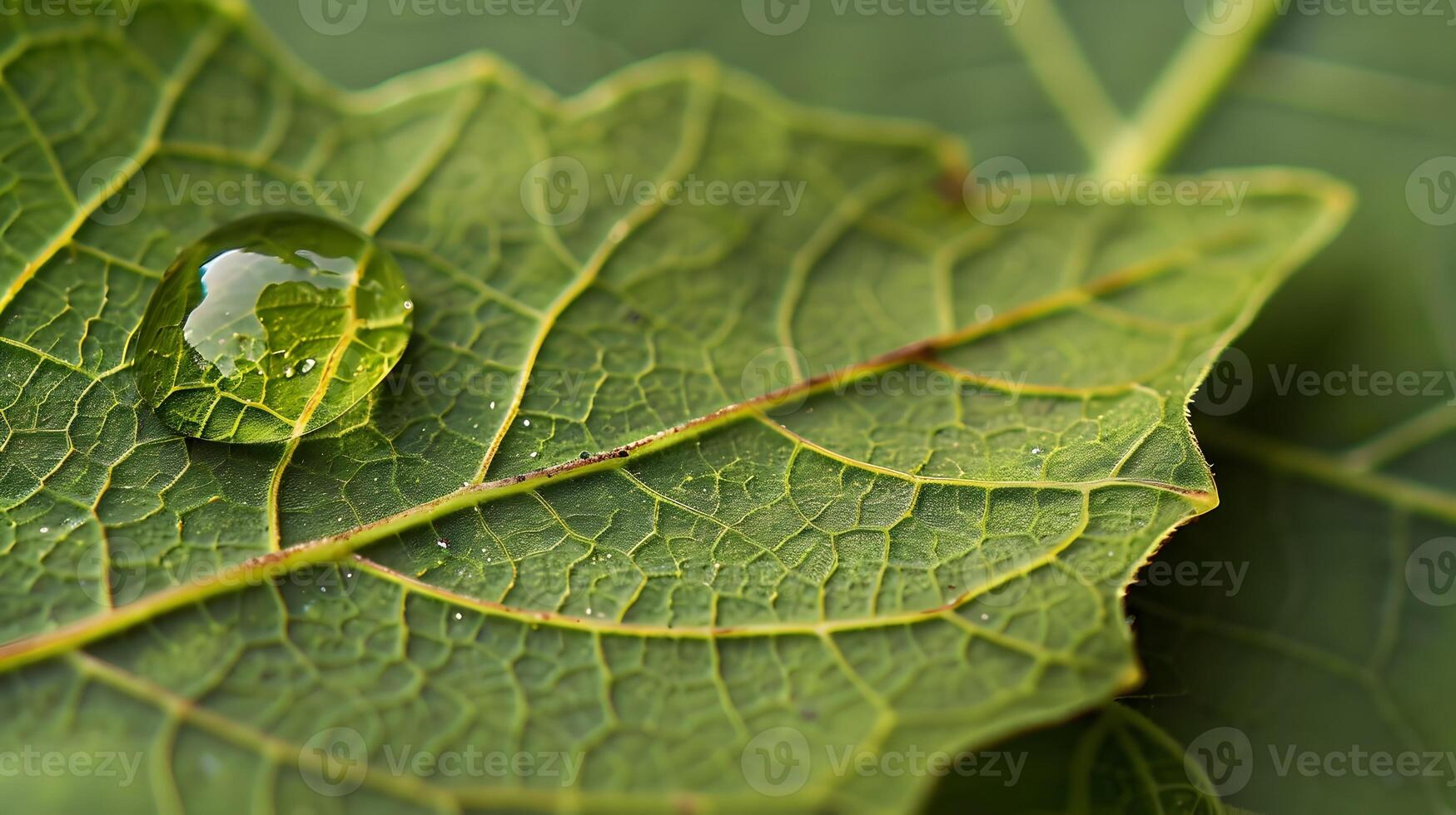 Captivating Closeup of a Single Green Leaf with Glistening Water Droplet photo