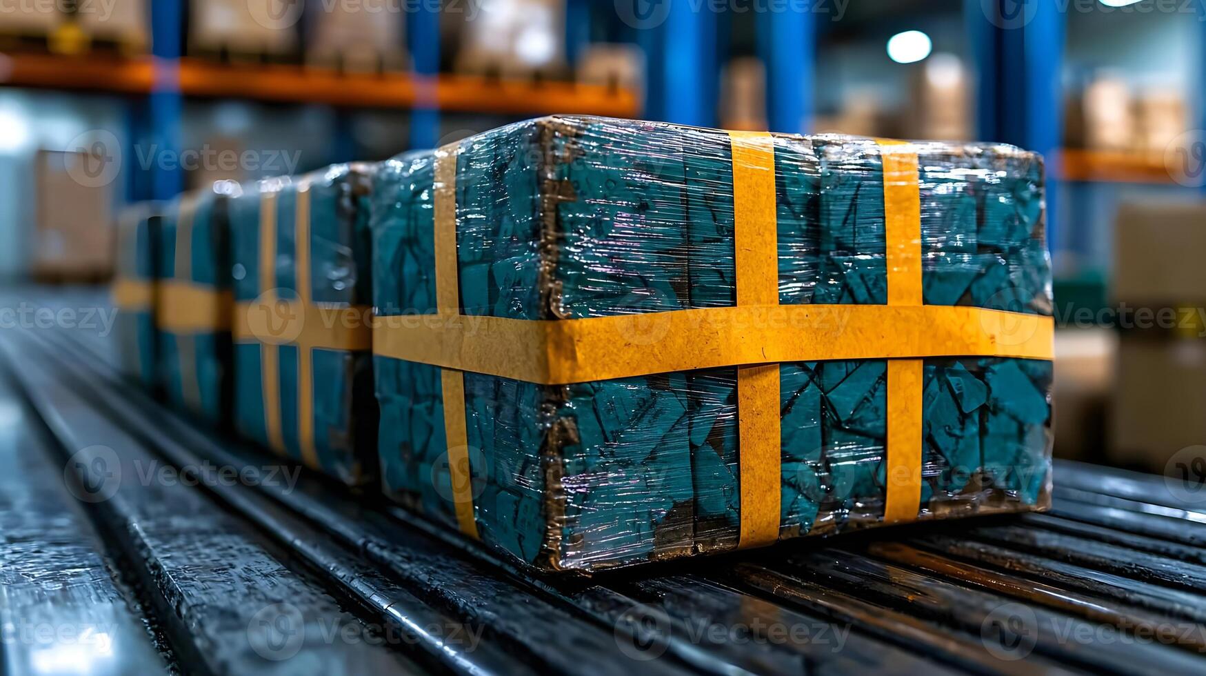Stacked Wrapped Cargo Packages with Vibrant Blue and Yellow Stripes in a Busy Warehouse Setting, Illustrating Efficient Logistics and Modern Supply Chain Management photo