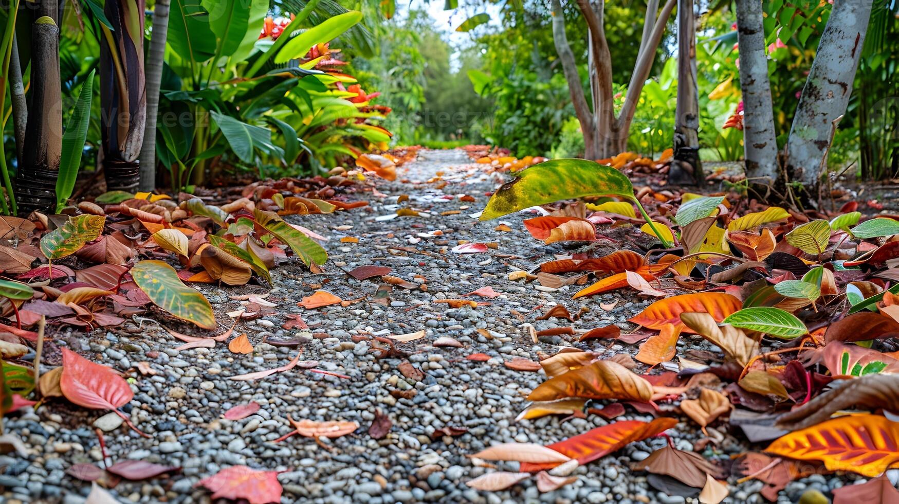 Welcoming Garden Path With Lush Autumn Foliage Creating Serene Outdoor Entrance photo