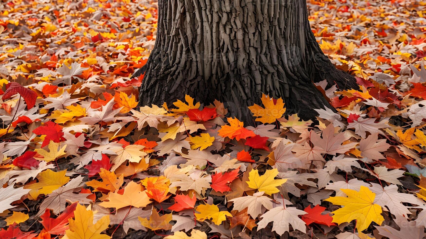Vibrant Autumn Carpet Surrounding Tree Trunk in Peaceful Forest Landscape photo