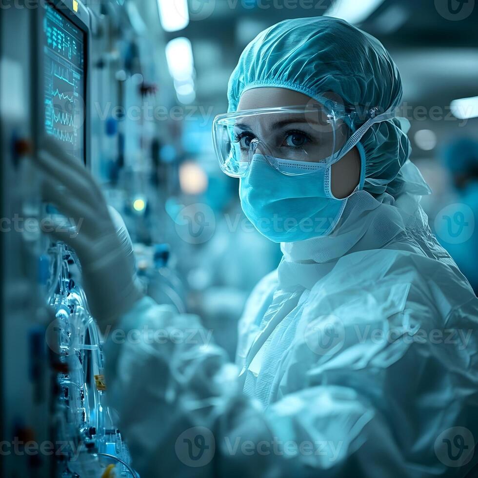 Healthcare professional in protective gear analyzing patient data on digital monitor in modern hospital environment during critical care treatment session photo