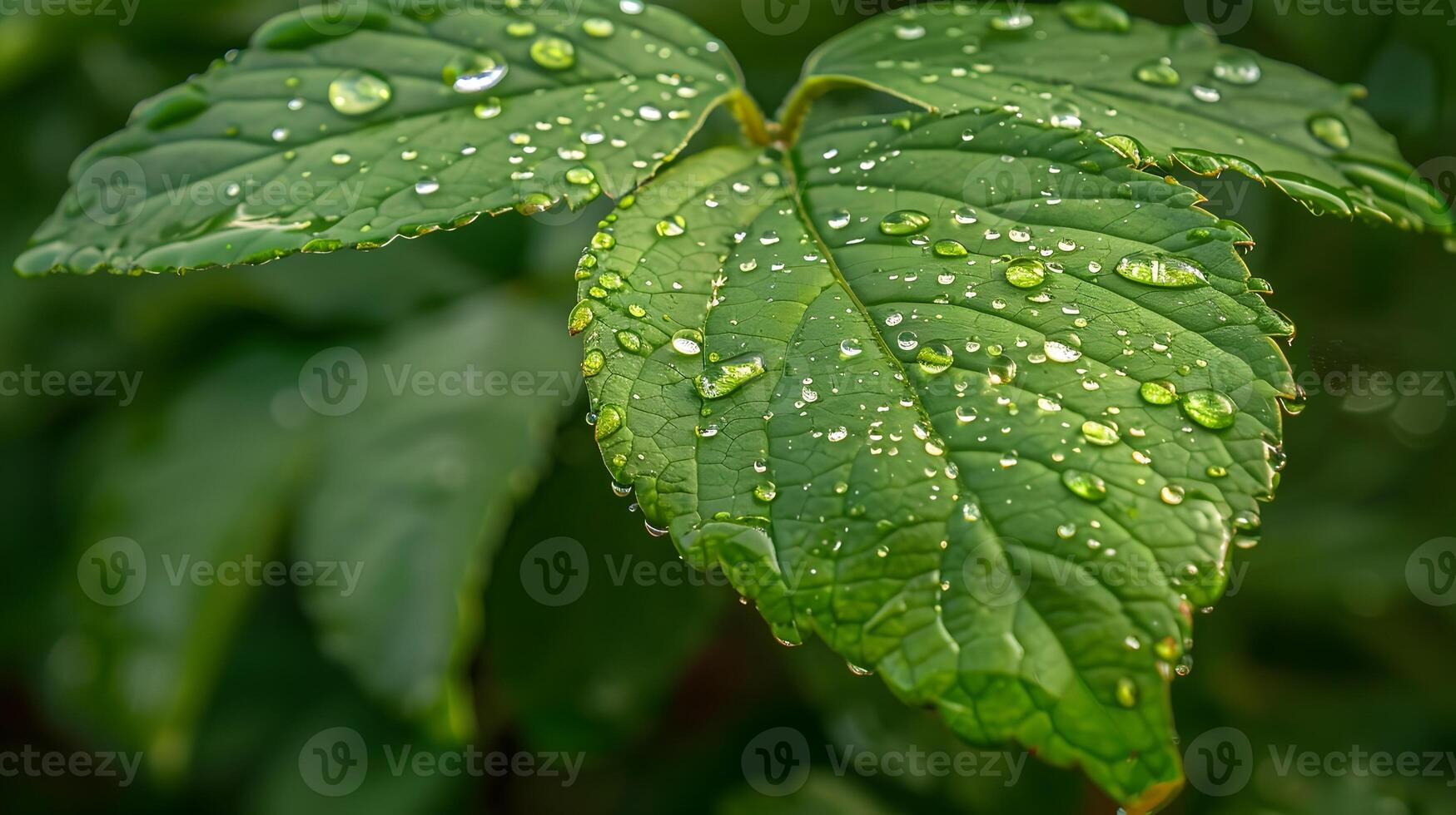 Close up of Leaf with Tiny Raindrops Reflecting Surrounding Greenery photo