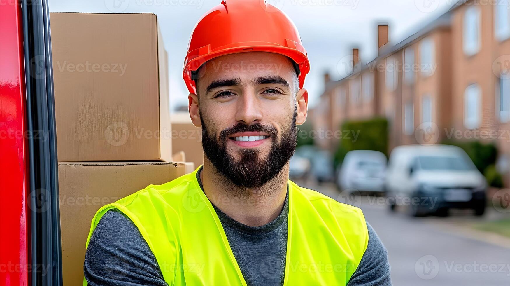 Young male delivery worker smiling confidently while standing next to red van on a street, wearing bright safety vest and hard hat, ready for work with cardboard boxes. photo