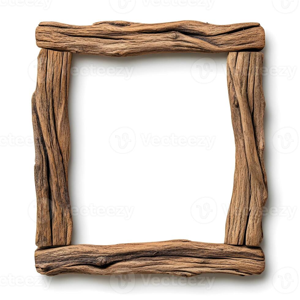Rustic Wooden Frame Isolated on a White Background Ideal for Displaying Artwork or Photography in a Natural and Organic Aesthetic Setting photo