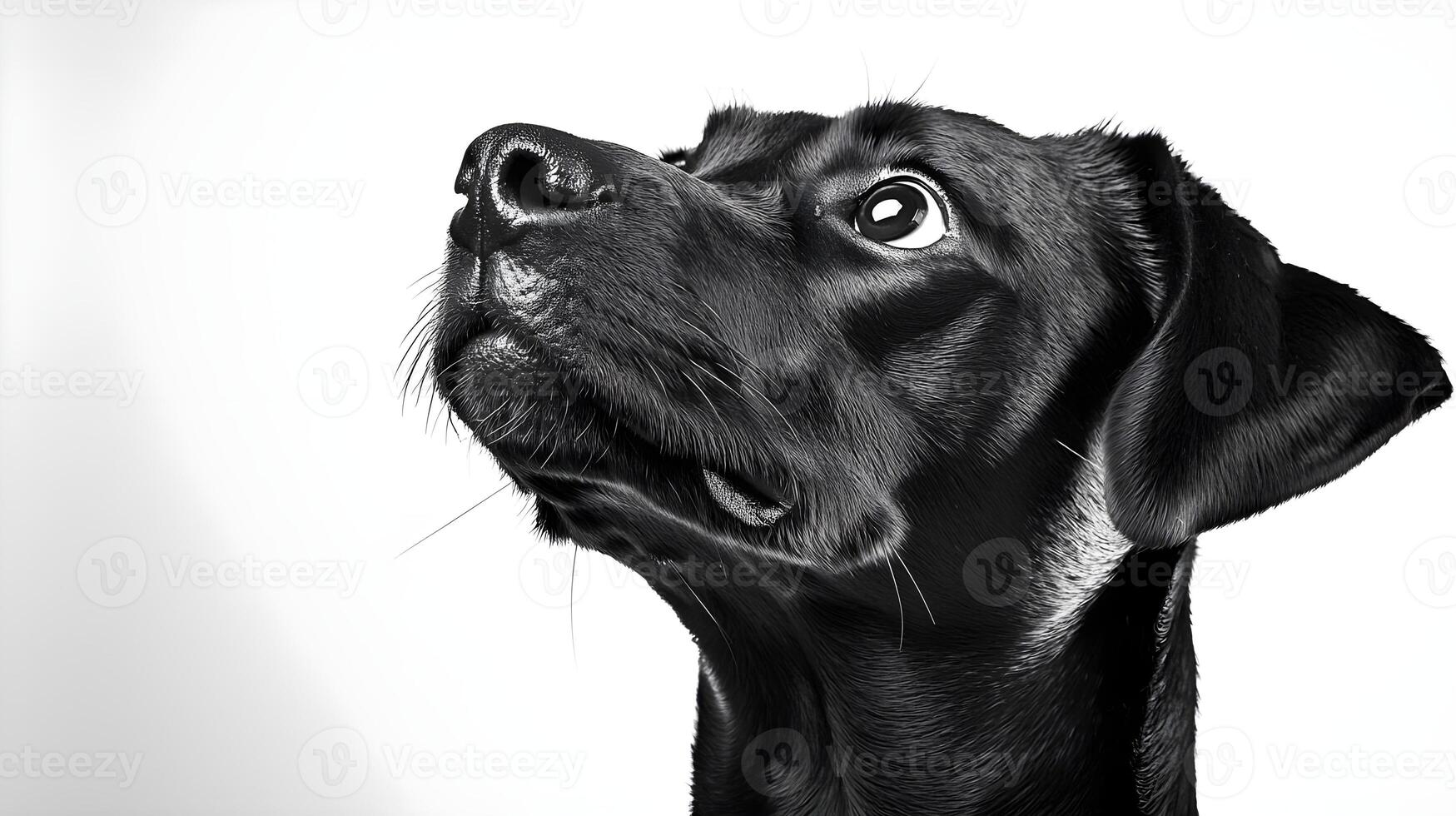 Close-Up Portrait of a Black Dog with Intense Expression Looking Upwards Against a Light Background Capturing the Beauty and Spirit of Canine Companionship photo