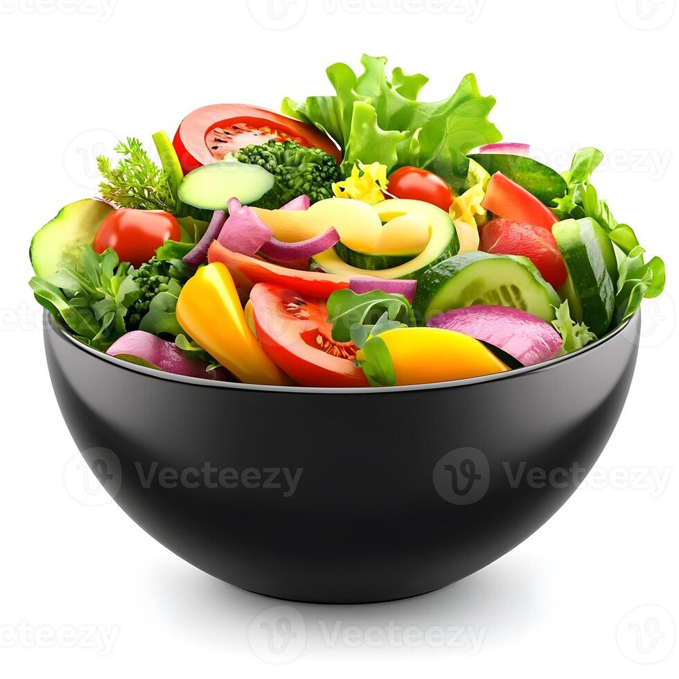 Fresh and Colorful Mixed Salad with Various Vegetables in a Black Bowl Perfect for Healthy Eating and Nutrition-Focused Lifestyle Choices photo
