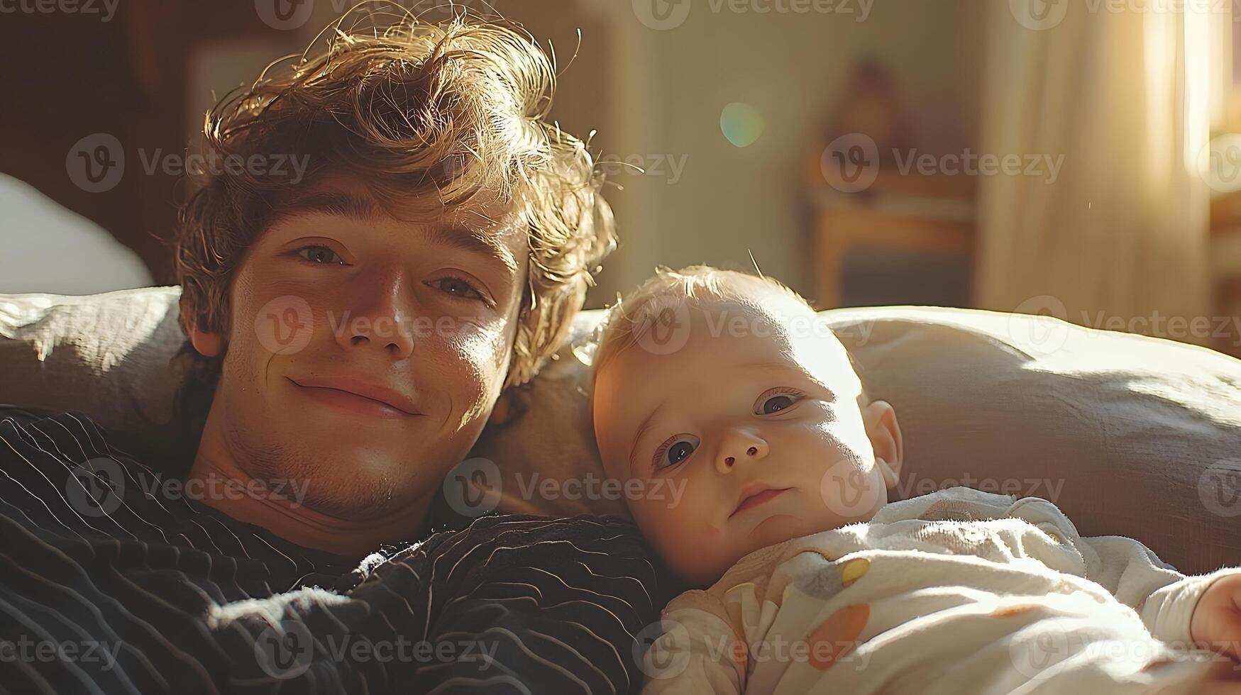 A Young Man Enjoys a Tender Moment with a Baby in Soft Morning Light, Capturing the Beauty of Family Bonds and Cherished Memories in a Cozy Setting photo