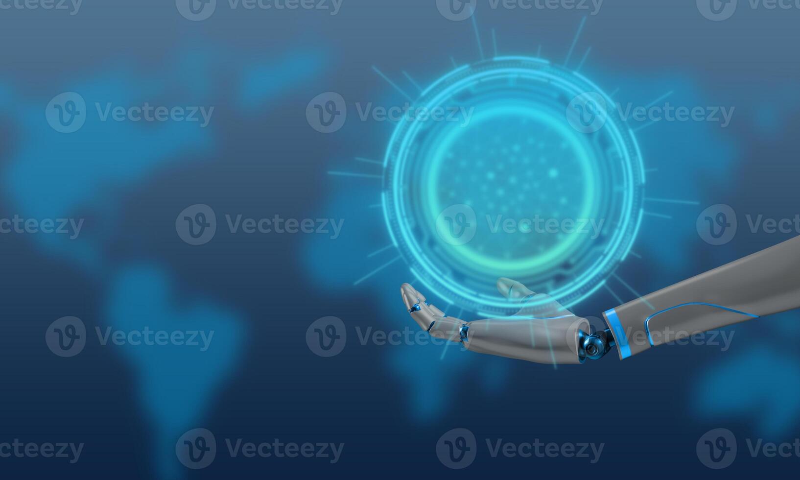 robot hand holding circle round element copy space blue color hologram innovation technology connection business currency data futurist datum background internet autimated intelligence artificial ai photo