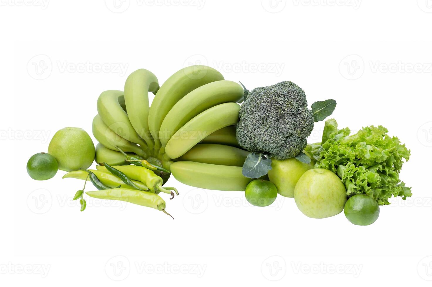 isolate of green fruits and vegetables on a white background photo