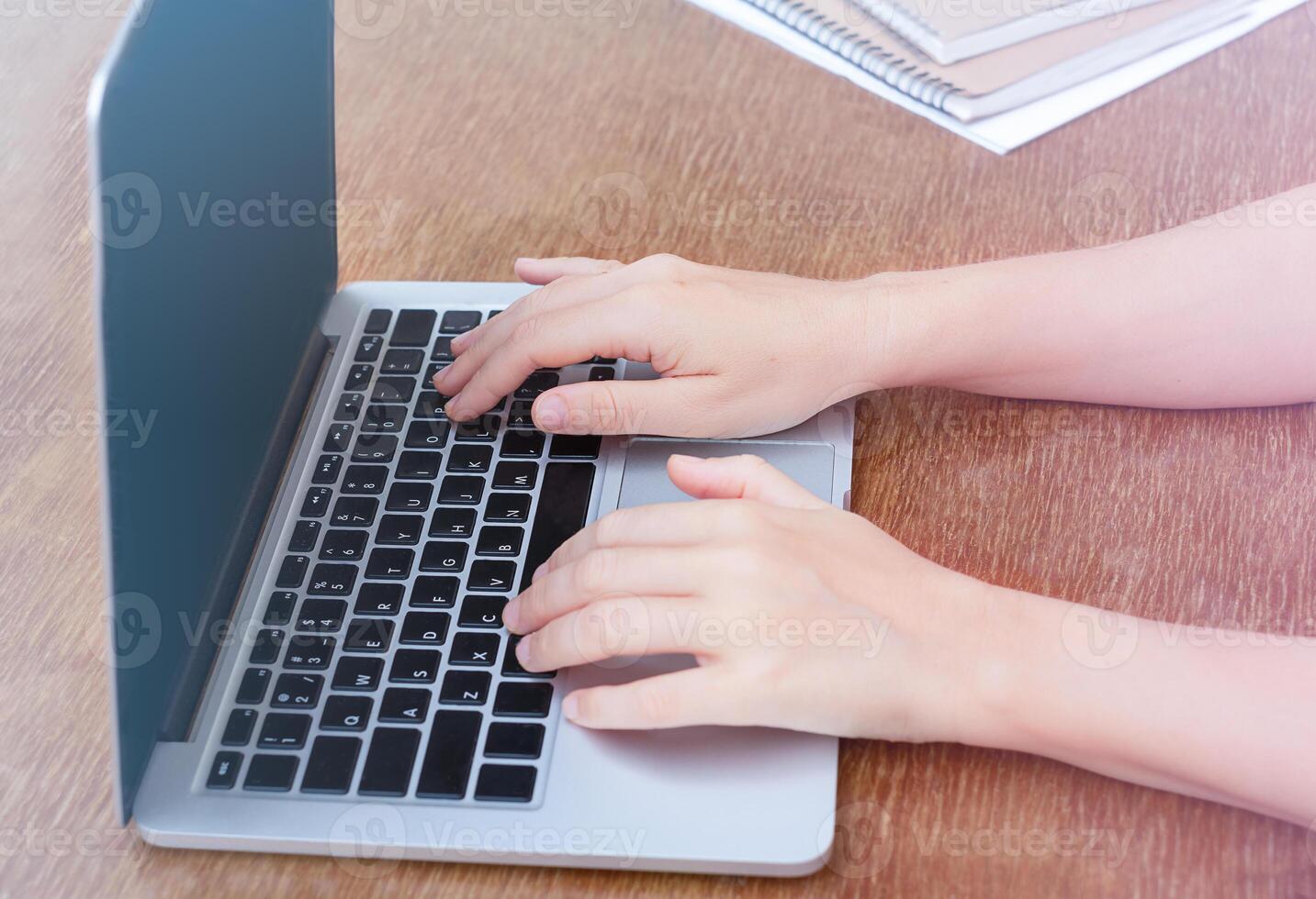 Female hands on the laptop keyboard photo