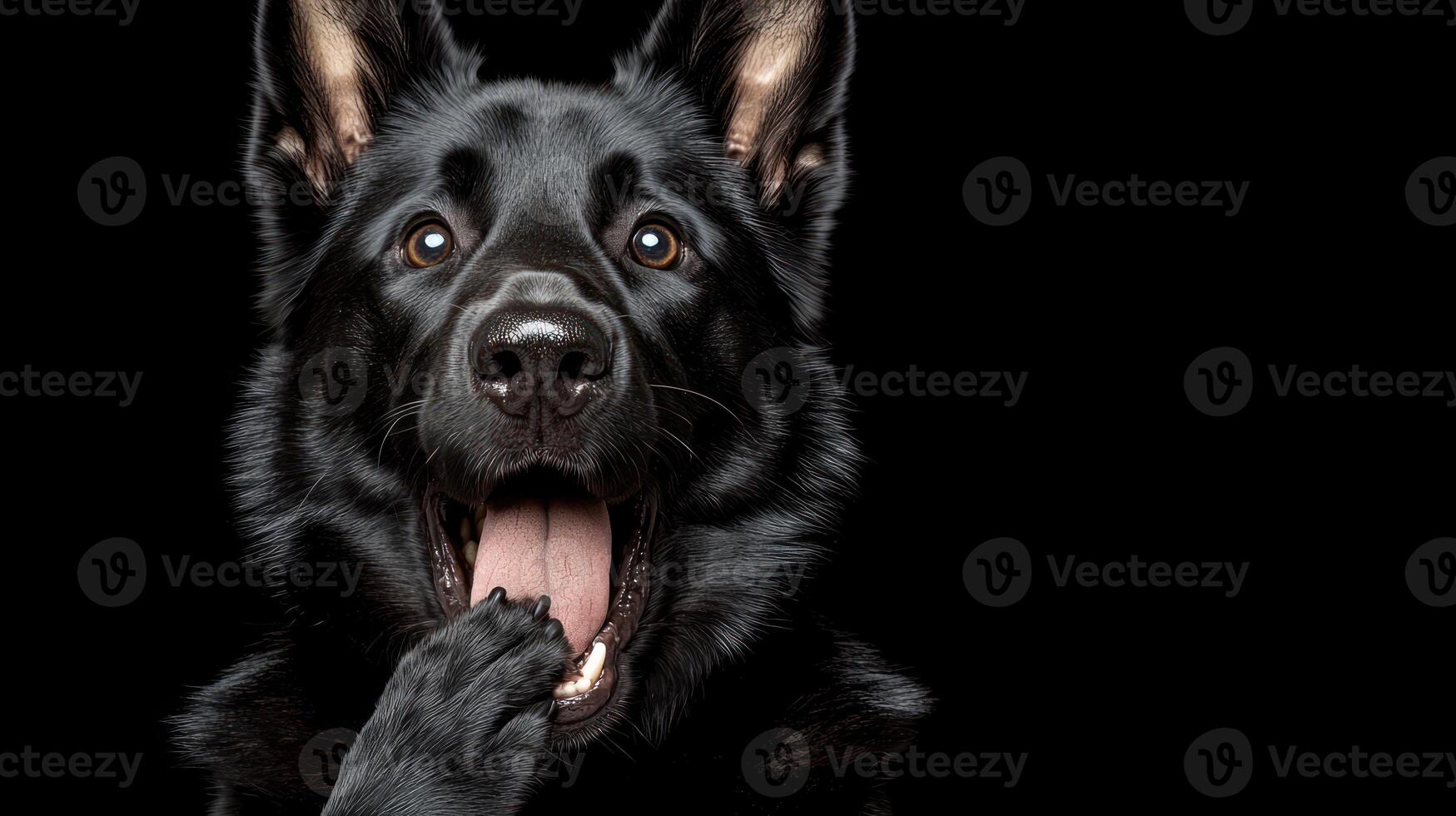 A cheerful black dog looks surprised against a dark background photo
