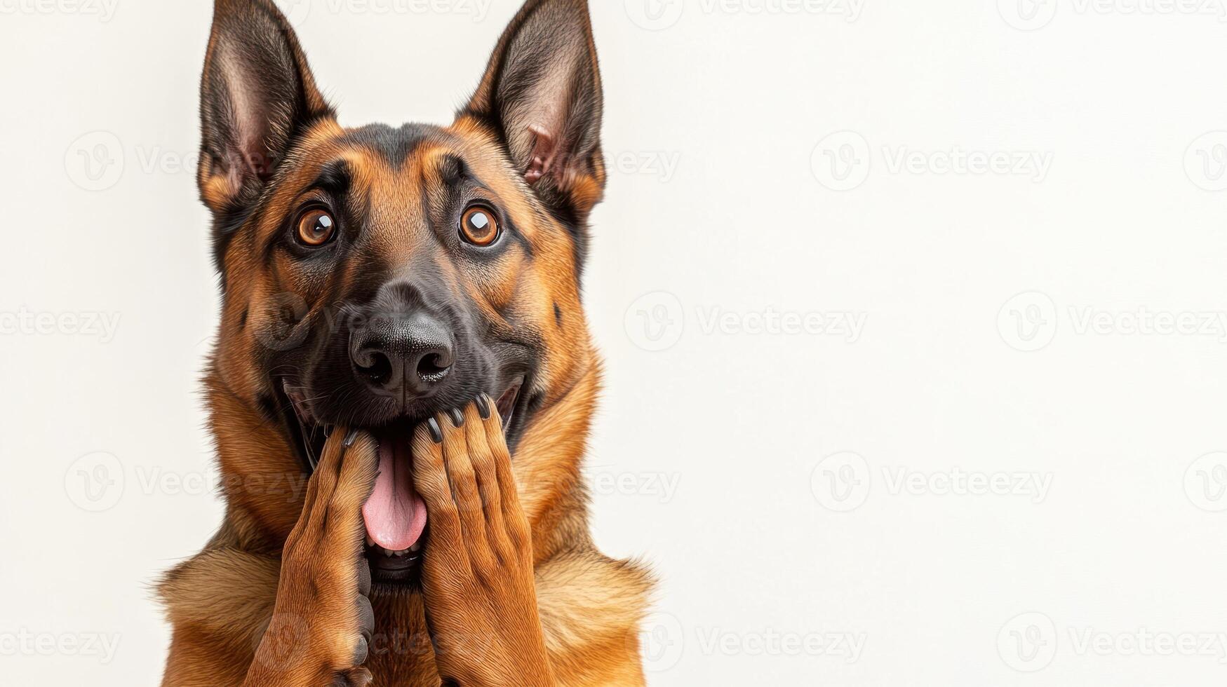 The joyful dog shows excitement with a surprised expression and playful stance photo