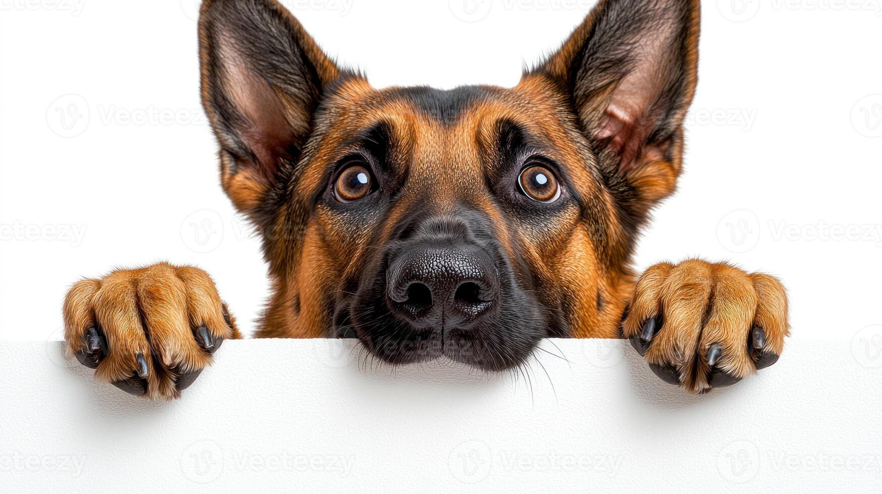 A curious German Shepherd leans over a white surface, showing its playfulness photo