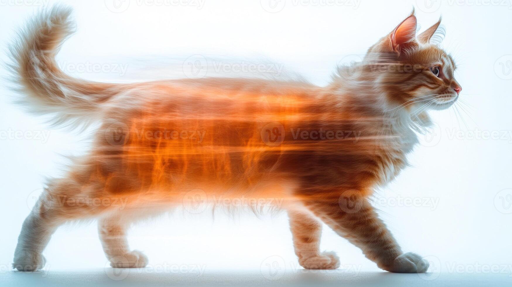 An orange cat moves swiftly, creating a blur of motion against a luminous backdrop photo