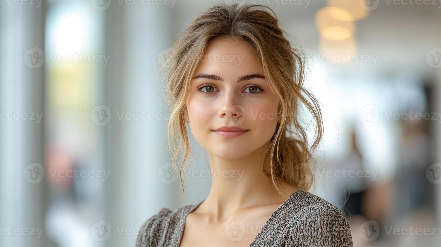 Radiating calm, the young woman captivates with her natural beauty and serene expression photo
