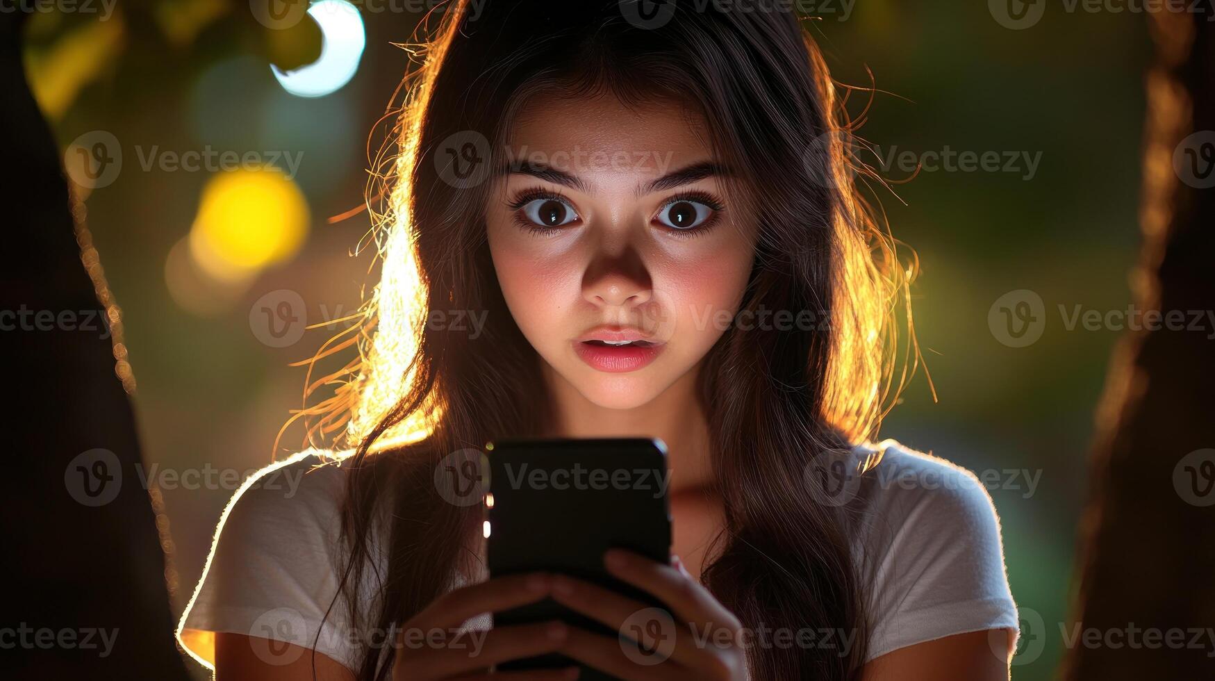 A girl experiences surprise while using her smartphone under the night sky photo
