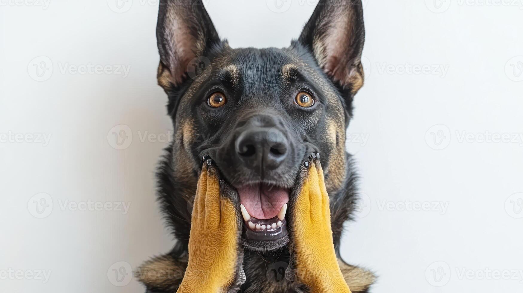 A happy dog showcases joy and curiosity with its paws on its face, radiating delight photo