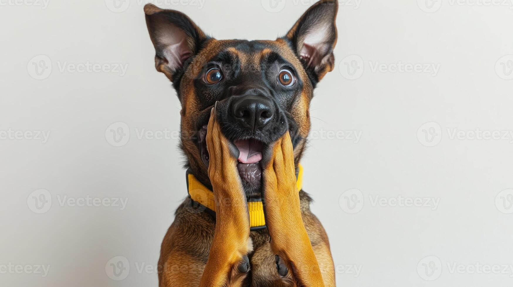 A joyful dog expresses excitement with a playful pose and wide-eyed wonder photo