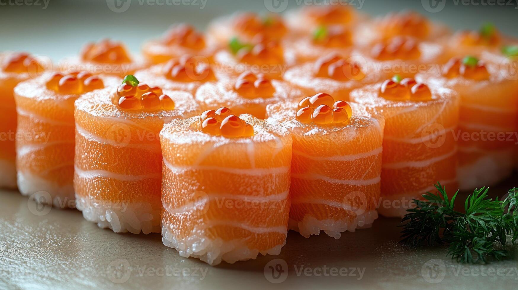 Sushi rolls with fresh salmon and roe display a beautiful artistry photo
