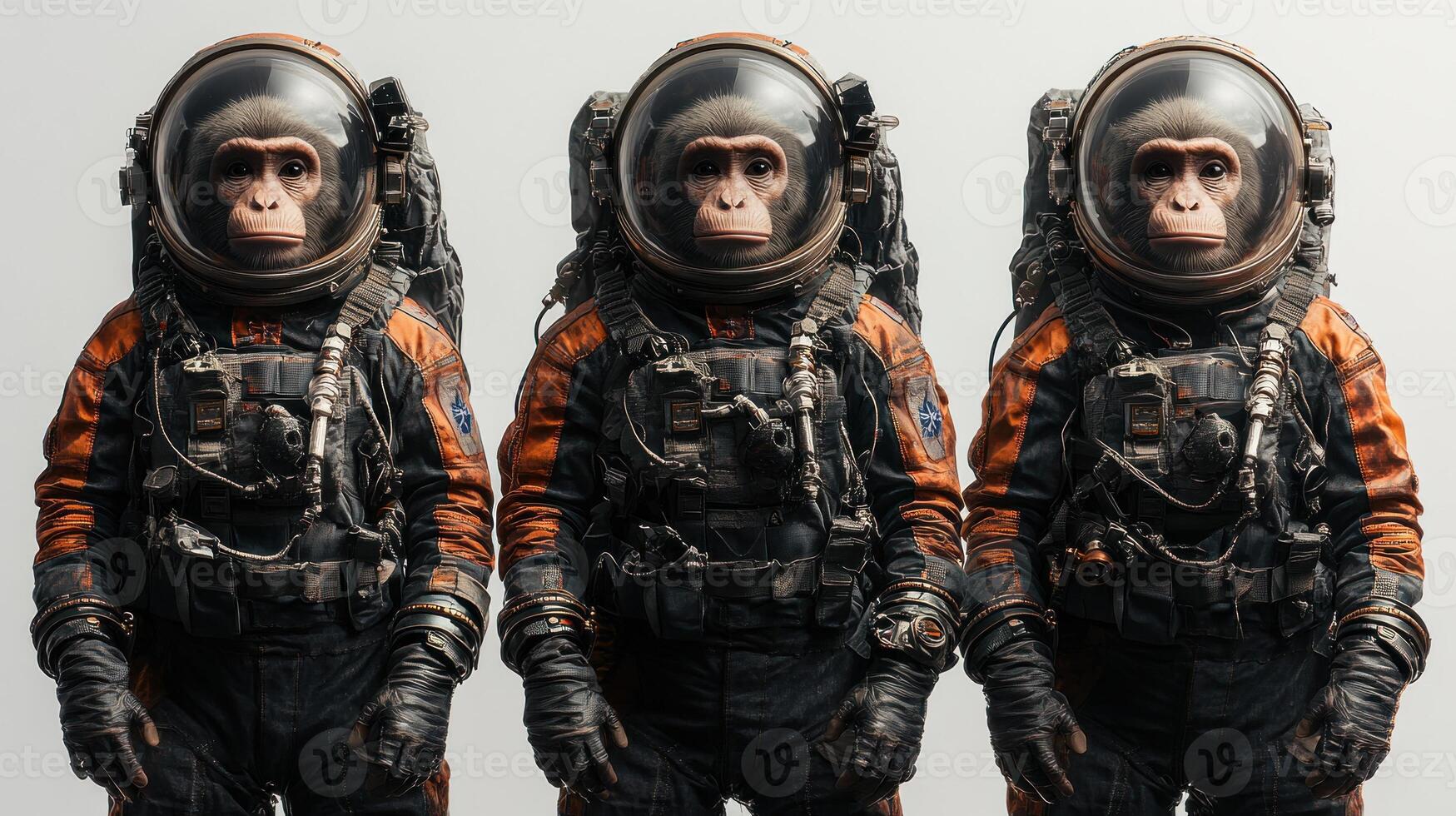 Three intelligent primates donning unique space gear prepare for an interstellar journey photo