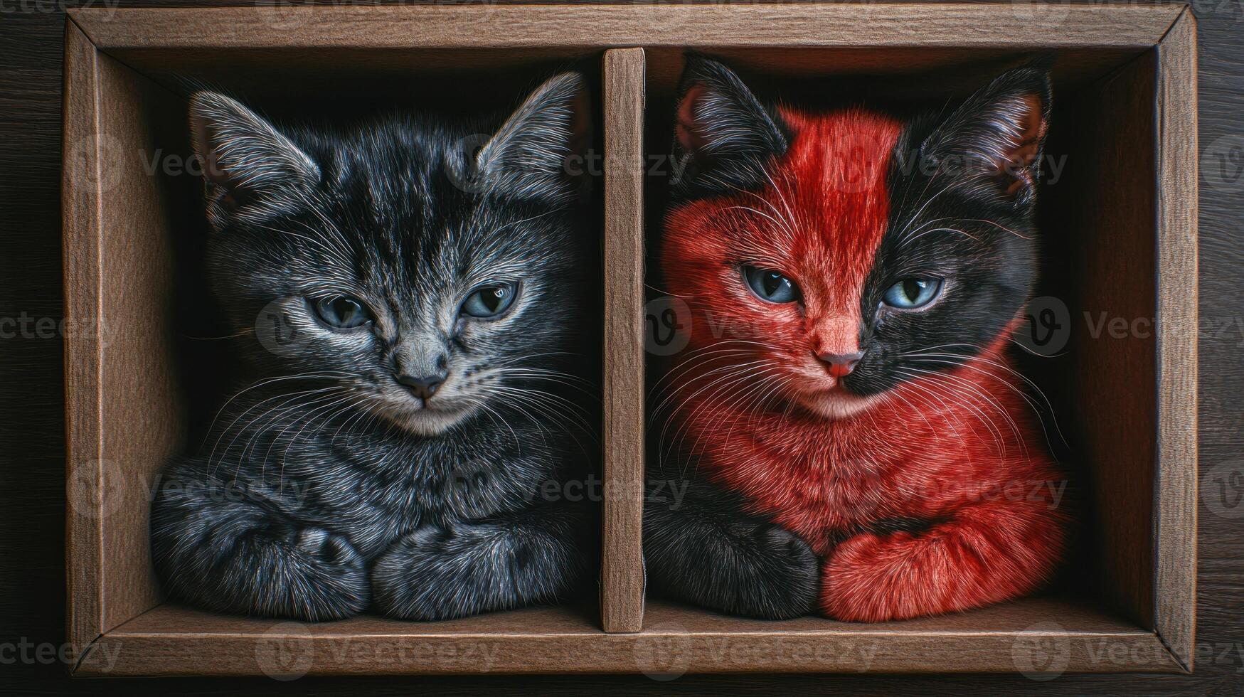 Two playful cats, one gray and one red, snuggly resting in a wooden box together photo