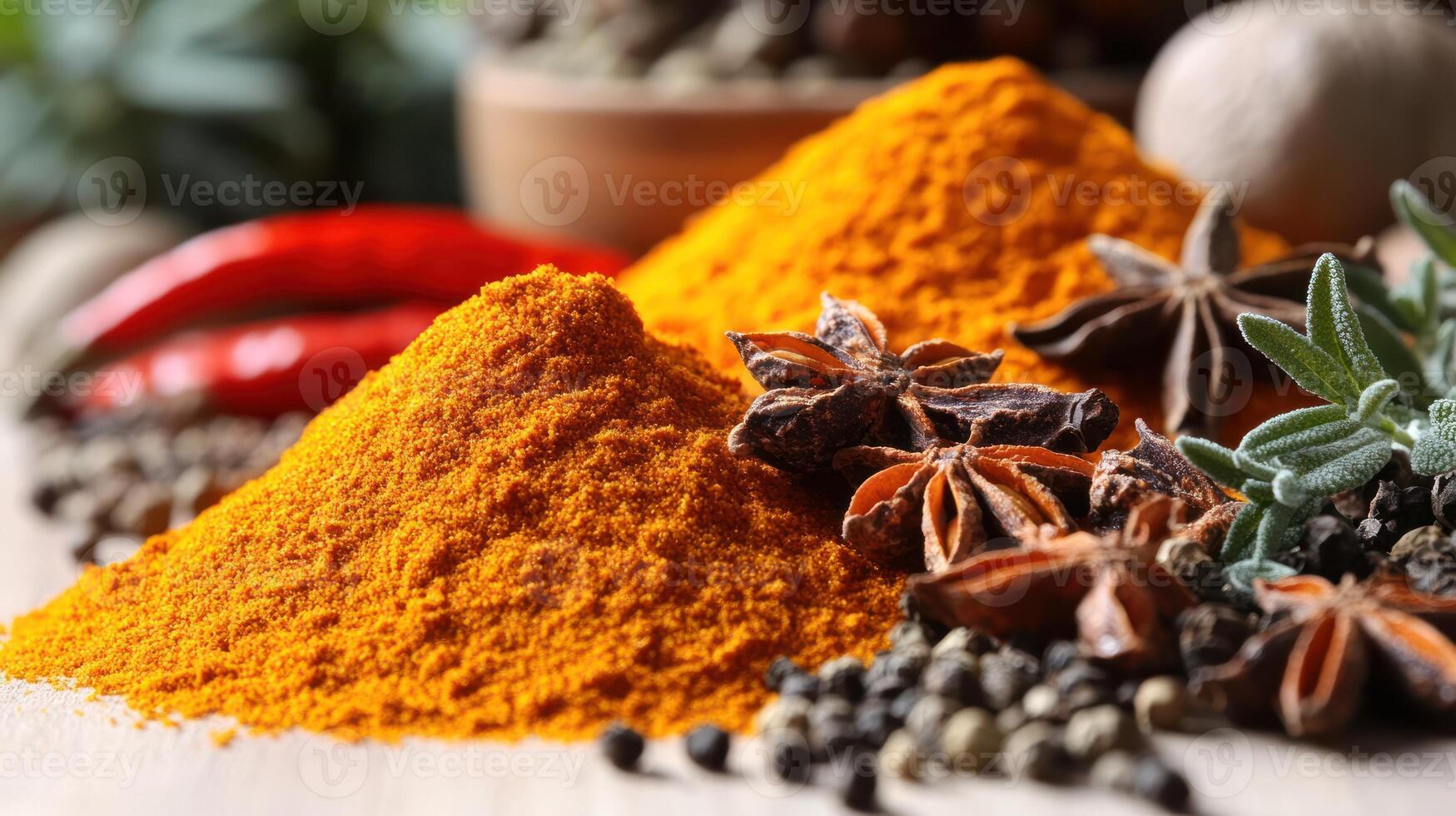 Bright piles of spices and herbs create a colorful culinary display photo