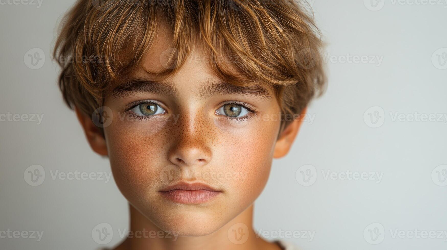 A young boy with captivating eyes expresses curiosity and innocence in a serene backdrop photo