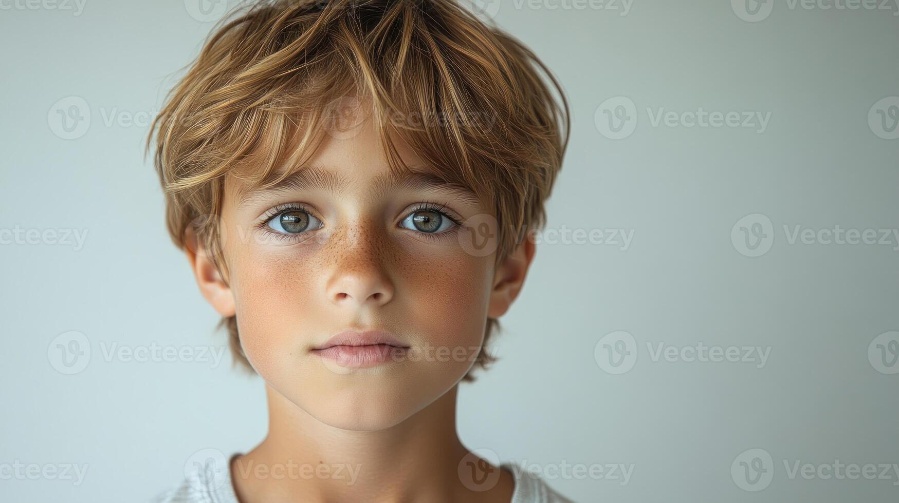 A young boy stands still with a serious expression, lost in contemplation photo