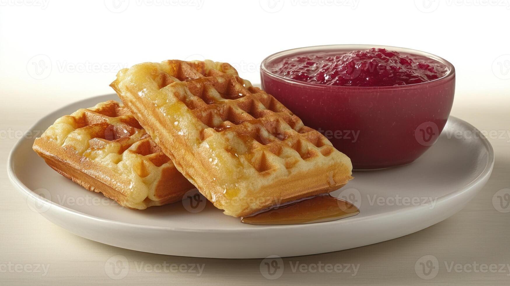 Morning delight featuring warm waffles paired with sweet berry sauce photo