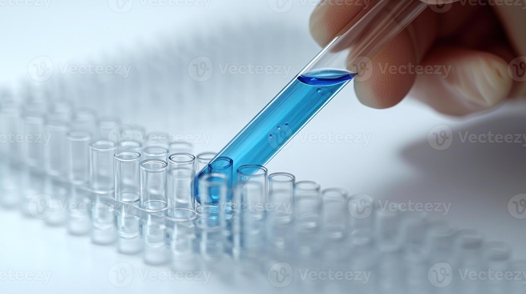 A hand holds a pipette, adding vibrant blue liquid into clear test tubes arranged neatly photo