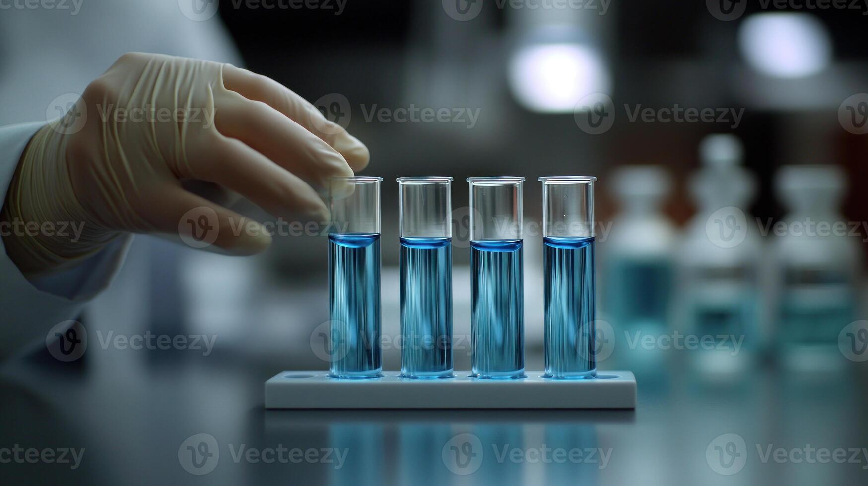 A scientist carefully handles test tubes in a lab with vibrant blue solutions photo